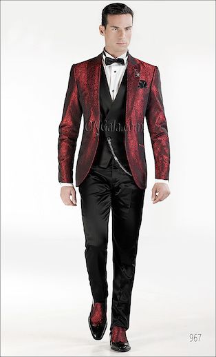 ONGala 967 - Abito da sposo uomo con Giacca jacquard nero rosso