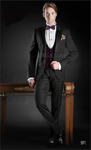 ONGala 971 - Smoking da sposo in lana nero con gilet scollo ampio