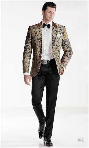 ONGala 976 - Abito moda con Giacca Patchwork in seta toni nero e oro