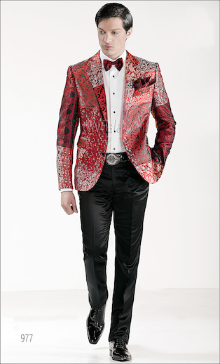 ONGala 977 - Abito moda con Giacca Patchwork in seta toni nero e rosso